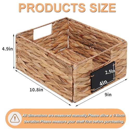 Water Hyacinth Storage Baskets Set of 4 - Foldable Seagrass Organizers with Chalk Labels,10.8x9x4.9 Inch,Rectangular Woven Pantry Bin for Shelves