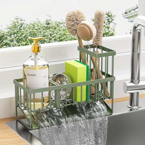 Cisily Kitchen Sink Caddy, Sponge Holder for Kitchen Sink, Kitchen Sink Organzier and Storage with High Brush Holder, 304 Stainless Gadgets Sink Accessories, Organizadores de Cocina Sage Green - color: Sage Green, size: 9.25″