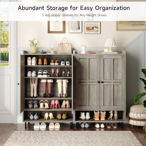 ONBRILL Shoe Cabinet with Cross Molding Doors, 6-Tier Shoe Storage Cabinet with 3 Adjustable Shelves and Metal Legs, 45'' Tall Shoes Rack Organizer Cabinet for Entryway, Front Door, Gray Wash - color: Gray Wash