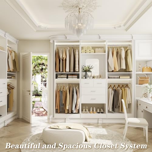 Unikito 75 Inch Closet System with 4 Drawers, 6.3FT Walk in Closet Organizer with Hanging Rods and Mirror Design, Reversible Large Closet Wardrobe with Shelves, Adjustable Closet Tower, White