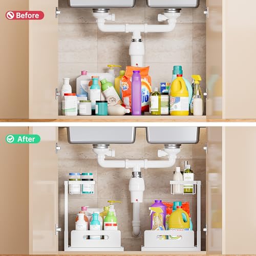 VUSIGN 2 Pack Under Sink Organizer and Storage, 2 Tier Under Cabinet Organizer for Bathroom Kitchen with Pull Out Storage Shelf Drawer, White - color: White, size: 2 Pack