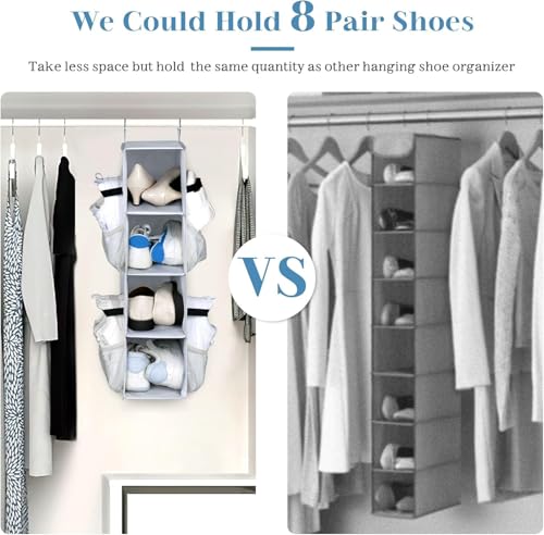 SLEEPING LAMB Short Hanging Shoe Organizer for Closet Storage with Mesh Side Pockets Holds 8 Pairs, Hanging Shoe Rack Hanger RV, Camper, Grey - color: Grey, size: 25''