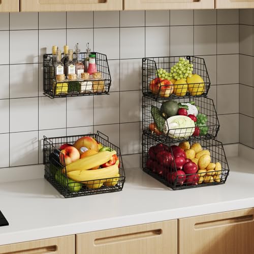 X-cosrack Stackable Wire Baskets for Counter, Fruit and Vegetable Storage, Potato and Onion Storage Bin，Kitchen Pantry Organizer - Wall Basket for Produce/Snack/Can, Large, Black - size: Large