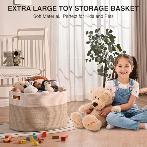 ICERZCZ Extra Large Blanket Basket for Living Room, Rectangle Woven Cotton Rope Storage for Blankets, Toys, Clothes, Shoes, 25”x16”x16”, Off White & Brown, 108L - color: Off White & Brown, size: 25”x16”x16”