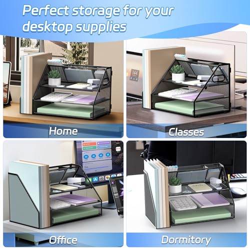 Docnest 3 Tier Metal Mesh Desk Organizer - Letter Tray with Built-in Pen Holder & Handle, Black - color: 3 Tier with File Holder-Black