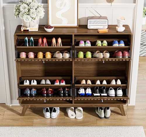 Jluomei Large Shoe Cabinet for Entryway, Bamboo Narrow Shoe Cabinet Storage with 4 Flip Drawers, Slim Fluted Shoe Rack Organizer for Entry Way, Hallway, Thin, Skinny, Wood, Walnut - color: Walnut-4 Drawers