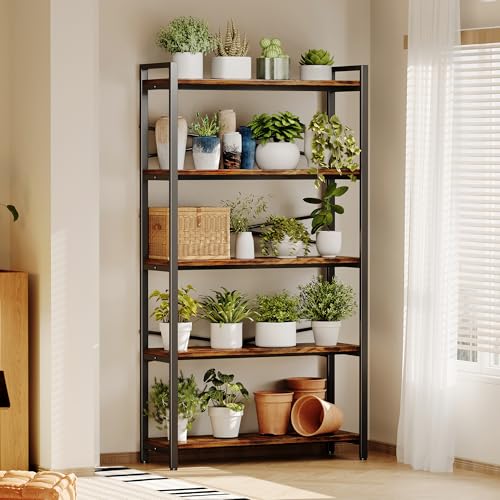 5 Tier Bookshelf 31.49" Width, Tall Book Shelf Storage and Organization, Wooden and Metal Industrial Bookcase, Large Book Shelves for Home Living Room Bedroom Office Storage(Vintage) - color: Vintage, size: 5 Tier - 31.5" W