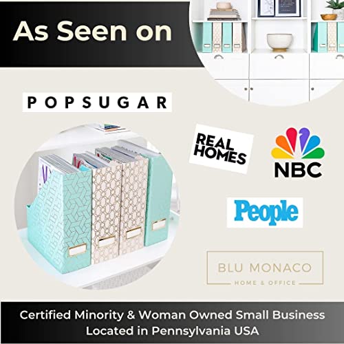 BLU MONACO | Set of 4 Foldable Pink & Aqua Magazine File Holders with Gold Geometric Patterns | Vertical File Organizer Boxes with Gold Label Holders for Home & Office - color: Pink-aqua