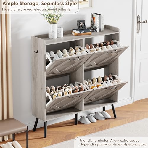 Nicetree Shoe Cabinet with 4 Flip Drawers, Freestanding Shoe Organizer Cabinet, Farmhouse Narrow Shoe Storage Cabinet for Entryway, Foyer, Hallway, Gray - color: Grey, style: 4-Drawers