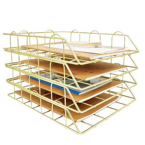 JIARI 4 Pack Desk Organizer Stackable Letter Tray Paper Organizer, Metal Desk Organizer Tray for Letter/A4 Paper Storage, for Office Supplies (Gold 4 Pack) - color: Gold 4 Pack
