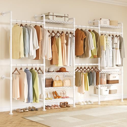ONBRILL L4 Wall Mounted Industrial Pipe Clothing Rack, Closet Organizer System with 6 Hanging Clothes Rods ( 4 Expandable Rods) & 8 Shelves, Heavy Duty Corner Garment Rack, Large Wardrobe - White - color: White