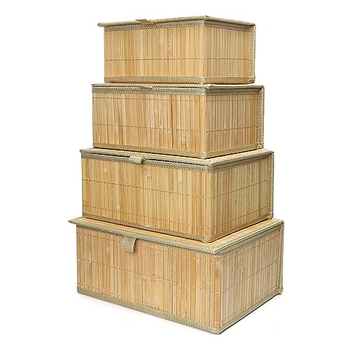 Wicker Basket With Lid Bamboo Storage Box for Shelf Bamboo Decor Storage Boxes With Lids-Rectangle Decorative Basket With Lid Organizer for Bedroom,Living Room (Set of 4,natural) - color: Natural