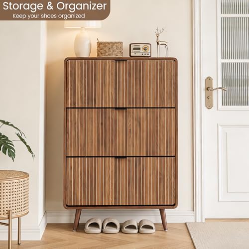 FurSch Fluted Shoe Storage Cabinet with 3 Flip Drawers, Narrow Shoe Rack Cabinet Organizer with Adjustable & Removable Shelves for Entryway (All Walnut, 3 Drawers) - color: All Walnut, size: 3 Drawers