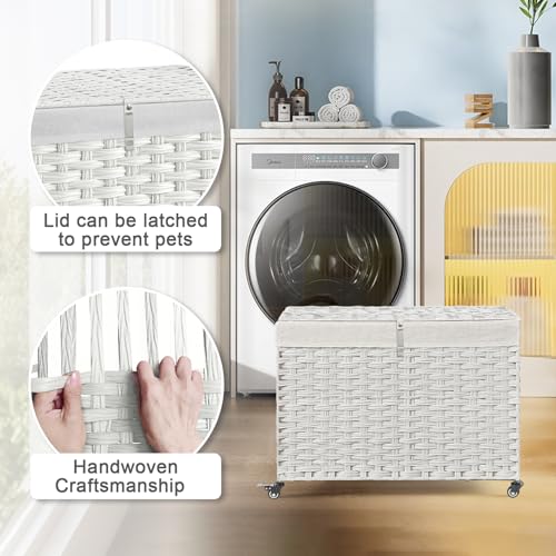 Rolling Storage Basket with Lid, 47.6 Gallon (180L) Storage Bin with Wheels, Woven Rattan Blanket Storage Basket with Handles, Foldable, Metal Frame, Removable Liner for Bedroom, Laundry Room, White - color: White