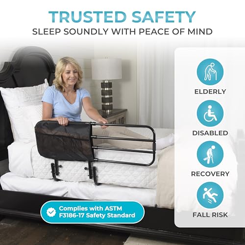 Stander EZ Adjust Bed Rail, Adjustable Senior Bedrail and Safety Assist Railing for Elderly Adults with Organizer Pouch, ASTM Safety Approved Guard-Rail, Black