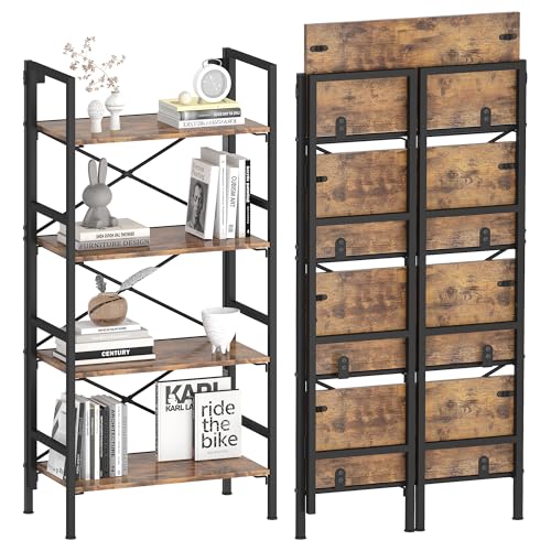 Homeiju Folding Bookshelf,4 Tier Bookcase Foldable Shelf with X-Bracket Design, Adjustable Feet, Space Saving Storage for Living Room, Office, Rustic Brown - color: Rustic Brown, size: 4 Tier