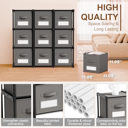 Geelin 9 Cube Storage Organizer with Fabric Bins and Labels 11 Inch, Fabric Collapsible Cubby Clothes Storage Drawer Dresser for Bedroom Living Room Office Organization - color: Gray