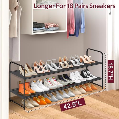 SLEEPING LAMB Long 2-Tier Shoe Organizer for Closet, Stackable Wide Shoe Rack Holds 18-Pairs Low Shoe Shelf Storage for Bedroom, Floor, Entryway(Black) - color: Black, size: 11.4 x 42.5 x 18.7