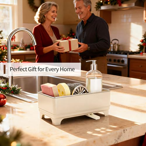 Sponge Holder for Kitchen Sink – Rustproof Stainless Steel, 360° Rotating Drain Pipe, Large Counter Organizer with Drip Tray for Sponges, Brushes & Dish Cloths Off-white - color: Off-White 1