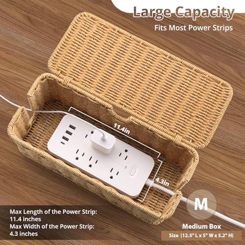 2Pack Large Cable Management Box, Handwoven Imitation Rattan Cord Organizer Wire Hider Box, Desk Cord Management to Hide Cords and Power Strips - color: Brown, size: 2 Pack (M+L)