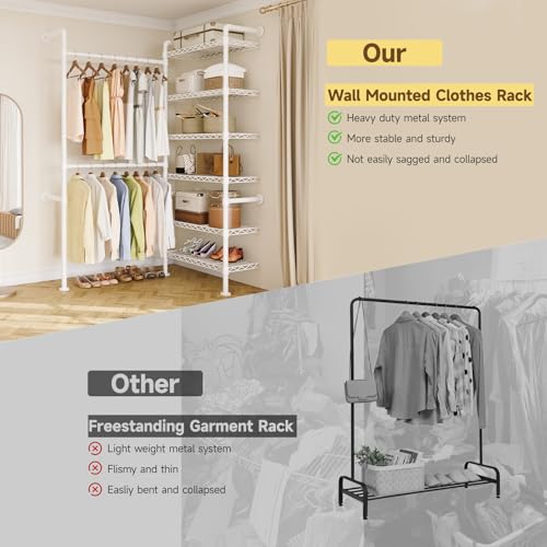 L2 Wall Mounted Closet System, Industrial Pipe Clothing Rack Clothes Racks with 2 Telescopic Rod & 6 Shelves, Heavy Duty Closet Organizers System in Wardrobe Closet, White - color: White