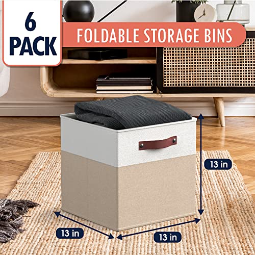Ornavo Home 13 x 13 Storage Cube Bins, Foldable Collapsible Fabric Storage Bins Box Linen Shelf Basket Cube Organizer for Closet with Leather Handles, 6 Pack, White/Khaki - color: White/Khaki, size: Cube - 13 x 13 x 13