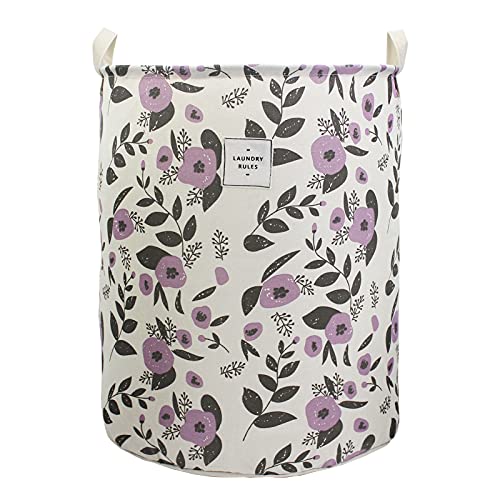 Mziart Collapsible Laundry Basket, Floral Printing Large Laundry Hamper for Baby Girls Kids Toys Clothes Organizer Foldable Storage Bin Waterproof Canvas Nursery Storage Basket with Handles (Purple) - color: Purple