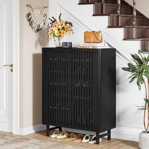 Tribesigns 6-Tier Shoe Cabinet with Shutter Doors, Large Wooden Shoe Organizer Rack with Adjustable Shelves, Modern Farmhouse Hidden Storage Furniture for Entryway, Hallway (Black) - color: Black
