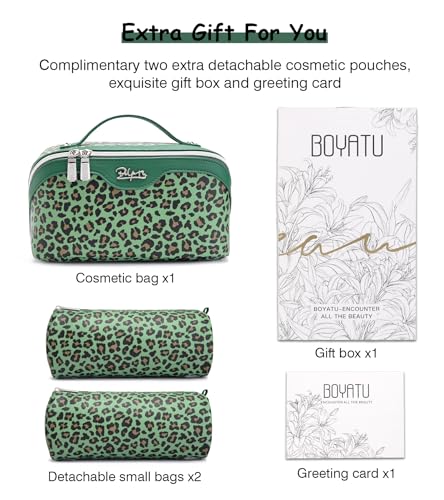 Travel Makeup Bags Organizer for Women: 3 Pcs Set Cosmetic Bag - Large Make up Bag with Compartments - Flat Open Waterproof Leather Toiletry Bags for Skincare, Brushes & Travel Essentials - Green - color: 09-Green