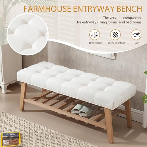 Wooden Entryway Bench for End of Bed Bench with Shoe Shelf Farmhouse Button Tufted Linen Fabric Upholstered Hallway Bench for Living Room/Bedroom/Hallway/Window Corner, Ivory - color: Ivory