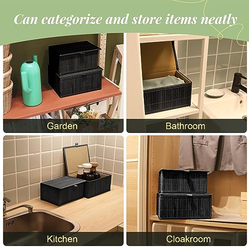 Wicker Basket With Lid Bamboo Storage Box for Shelf Bamboo Decor Storage Boxes With Lids-Rectangle Decorative Basket With Lid Organizer for Bedroom,Living Room (Set of 4,black) - color: Black