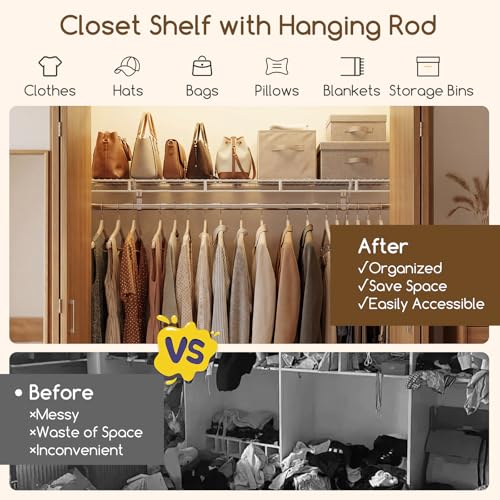 COSTWAY Closet Shelves Wall Mounted, Closet Shelf with Hanging Rod, Ventilated Metal Wire Shelving Kit, Wire Wall Shelf for Laundry Room, Bedroom, Home, Mounting Accessories Included (4 ft x 12 in) - size: 4 ft x 12 in