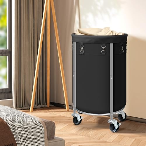 Laundry Hamper with Wheels, 100L Round Rolling Laundry Basket Sorter with Removable Bag, Clothes Cart Organizer with Steel Frame for Bedroom, Bathroom, Laundry Room, Black - color: Black