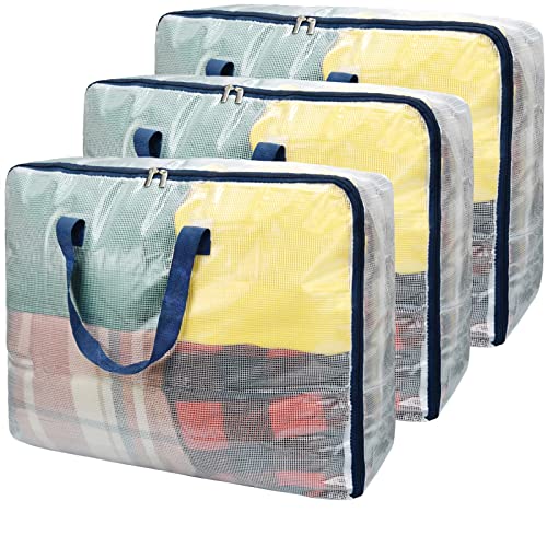 Ineetatu Clear Storage Bags with Zipper, 75L Extra Large Capacity - Closet, Underbed Storage Organizer for Clothes, Bedding, Comforter, Toys, Pillow & Blanket, 3 Pack
