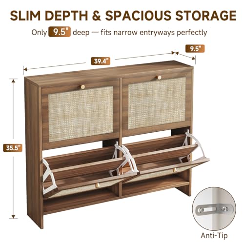 Nicetree Shoe Cabinet Storage for Entryway, 4-Flip Drawer Narrow Shoe Rack with Adjustable Shelves, Boho Modern Square Rattan Shoe Organizer, Slim Wood Storage Cabinets for Small Spaces Fits Size 13.5 - color: Toasted Caramel, style: 4 Flip Drawer - Class