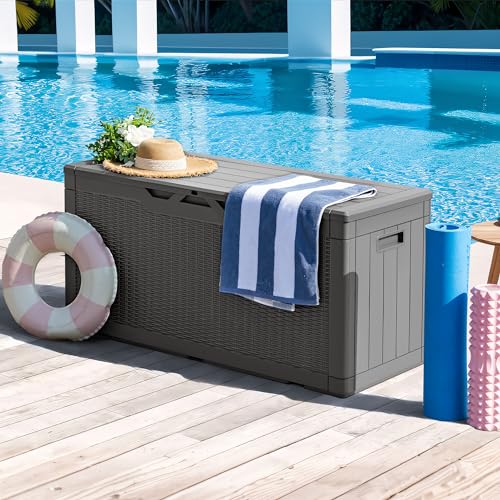 Greesum 100 Gallon Resin Deck Box Large Outdoor Storage, Imitation Rattan Weave Texture for Patio Furniture, Garden Tools, Pool Supplies, Weatherproof and UV Resistant, Lockable, Gray - color: Gray, size: 100 Gallon