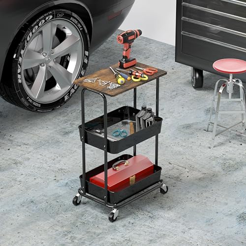 Simple Houseware 2-Tier Rolling Utility Cart with Lockable Wheels and Wood Top, Metal Storage Organizer Trolley for Kitchen, Bathroom, Office, Craft Room, Rustic Brown - color: Rustic Brown