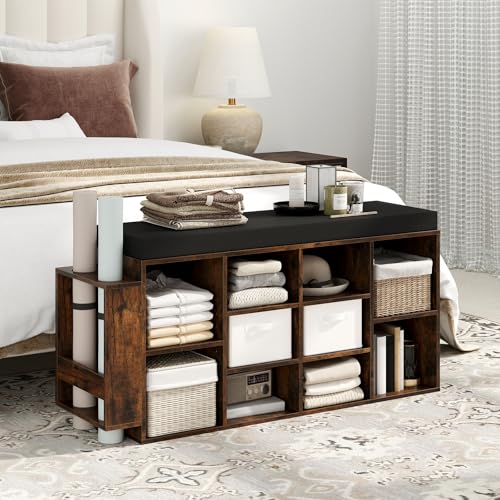 Giantex Shoe Storage Bench with Umbrella Stand, 10-Cubby Entryway Shoe Rack Organizer with Padded Seat, Adjustable & Removable Shelves for Hallway, Living Room & Bedroom (Rustic Brown) - color: Rustic Brown