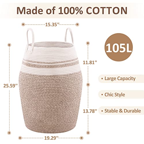 Cotton Rope Laundry Hamper by YOUDENOVA, 105L - Woven Collapsible Laundry Basket - Clothes Storage Basket for Blankets organizing, Bedroom Storage, Clothes Hamper – Brown - color: Brown