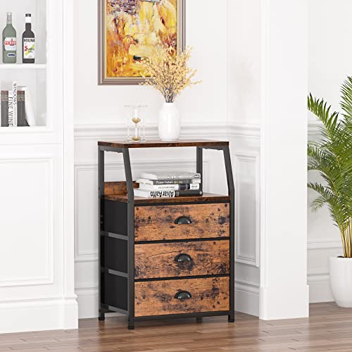 Furnulem Nightstand with 3 Drawers and 2-Tier Shelf, Fabric Small Dresser Organizer Vertical Storage Tower for Bedroom, Closet, Hallway, Nursery, End Table Side Furniture, Sturdy Steel Frame, Wood Top - color: Rustic Brown, style: 3 Drawers