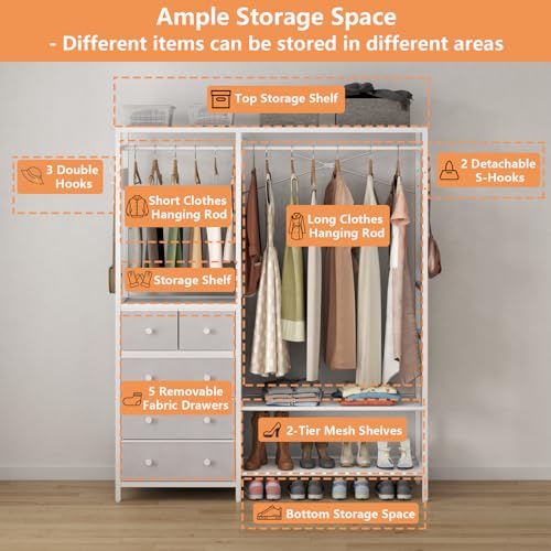 Auromie Clothes Rack with 5 Drawers & 4 Storage Shelves, 59.1W*70.9H Heavy Duty Clothing Rack with 2 Hanging Rods, Wardrobe Closet Organizer System with 5 Hooks, Freestanding Garment Rack (White) - color: White