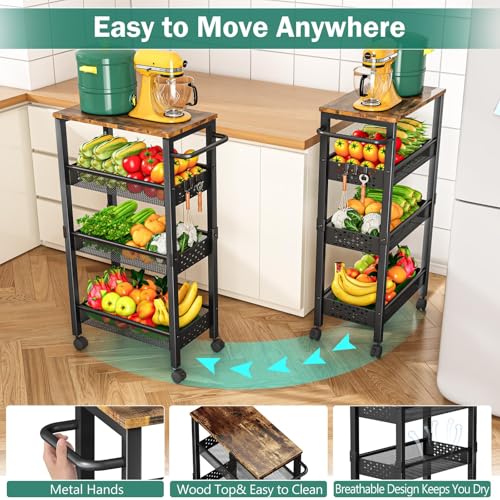 Vivihomety Utility Slim Storage Cart with Wheels, 4-Tier Narrow Rolling Organizer Shelf with Wood Top, Metal Storage Rack and Space-Saving Organizer for Bathroom, Kitchen, Laundry Room, Small Spaces - color: Black, size: 8.1 inch wide