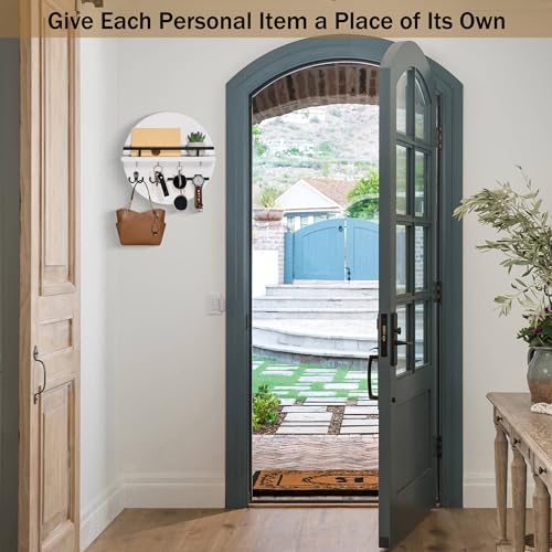 dreampossible Key Holder for Wall Decorative with Shelf and Hooks, Mail Organizer Wall Mount with Sunglasses Holder, Circular Design Entryway Key Rack Hanger, Rustic Home Decor for Mudroom - color: White&Black