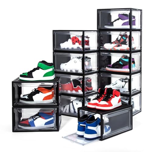 12 Pack Shoe Boxes, Clear Acrylic Plastic Shoe Boxes Stackable, Space-Saving Foldable Drop Front Shoe Storage Boxes Container for With Lids Fits Up to Size 15 (Dark Black) - color: Dark Black
