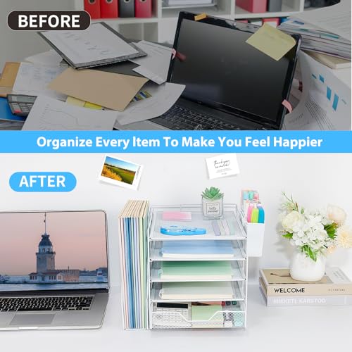 Desk Organizer, 5-Tier Paper Letter Tray Organizer with File Holder, Drawer and Pen Holder, Desktop Organizer for Office Supplies, White - color: White