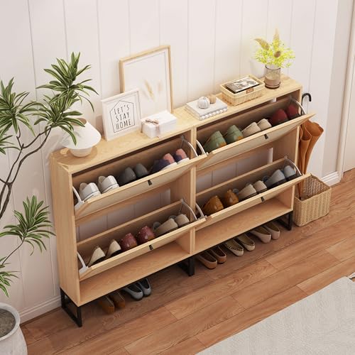 Shoe Cabinet Storage for Entryway, Hidden Narrow Shoe Cabinet with Flip Drawers, Freestanding Shoe Rack Organizer with Metal Base (Natural, 2-Drawer-No Divider) - color: Linen-natural, size: 2-Drawer-No Divider
