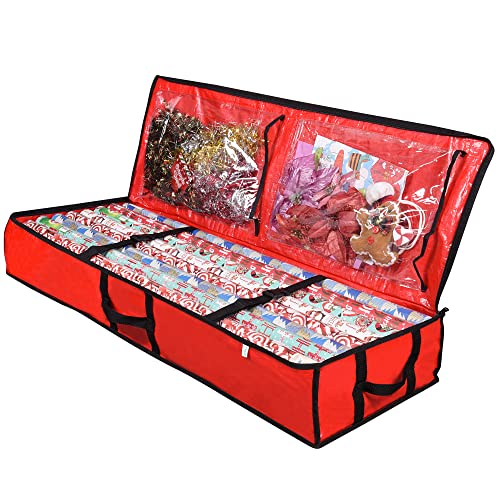 ProPik Wrapping Paper Storage Containers | Gift Wrap Organizer Under Bed 41”x14”x6” Fits 18-24 Rolls Fit Up to 40” Long Roll Wrap Storage Box Holder with Pockets for Ribbon Bows & Accessories (Red) - color: Red