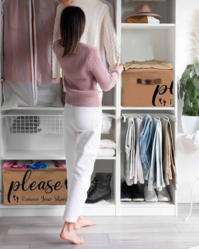 Please Remove Your Shoes Storage Basket Waterproof Cube Storage Bin Organizer with Handles, Farmhouse Brown Collapsible Storage Cubes Bins for Clothes Books Toys 15"x11"x9.5"