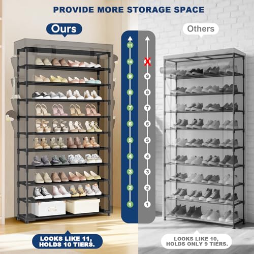 Mavivegue Shoe Rack with Cover, 10+1 Tier Tall Shoe Storage for 50-55 Pairs of Shoes, Shoe Organizer for Entryway, Closet, Garage, Grey - color: Grey, size: 10-Tier-Large