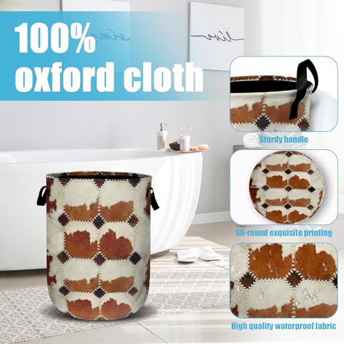 Vintage Brown Cowskin Laundry Basket, Laundry Hamper Collapsible Oxford Cloth with Handle Clothes Toy Storage Bin for Bathroom Laundry Room Bedroom 15.7 X 20 Inch - color: Vintage Brown Cowskin